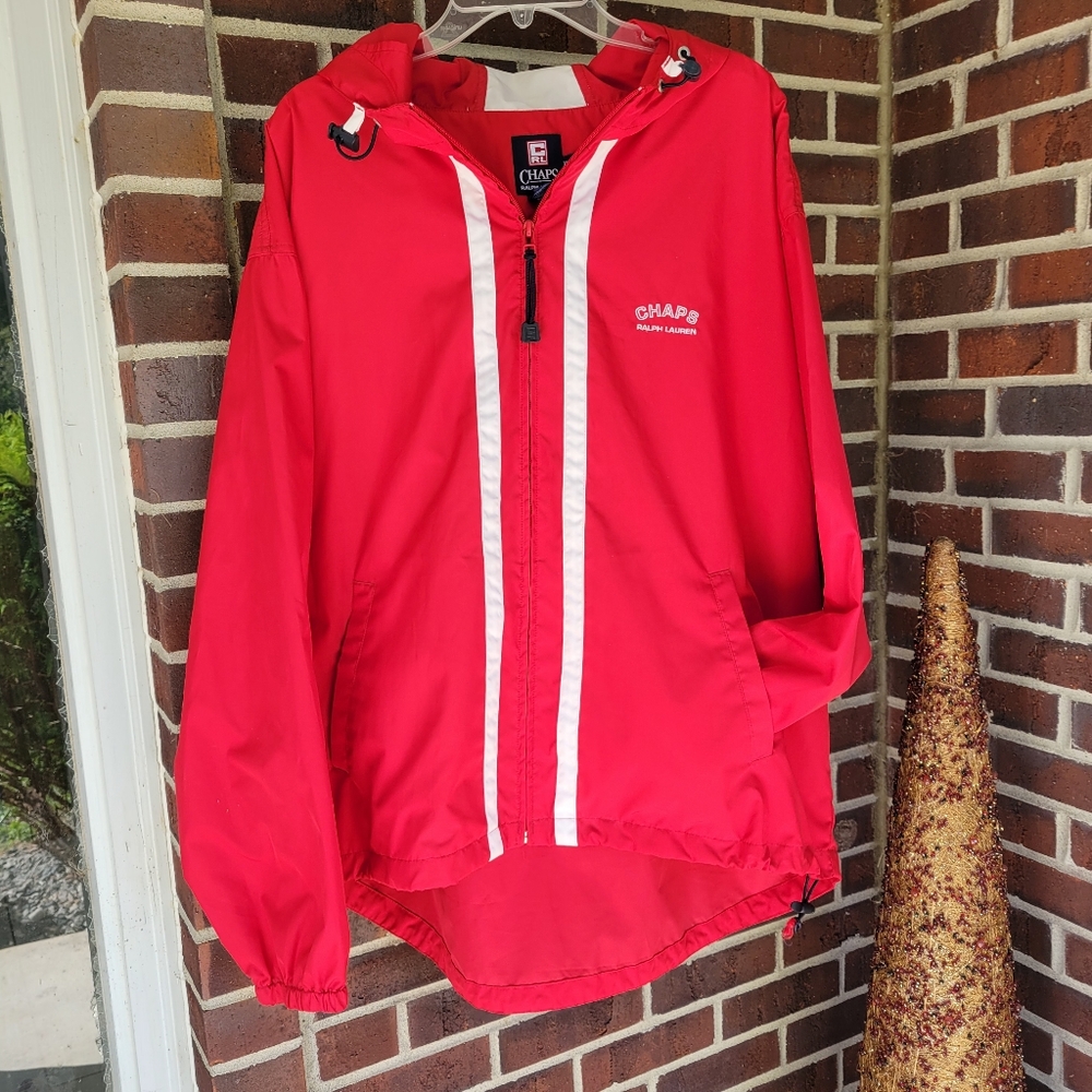 Vintage Red Chaps Jacket Pullover Full Zip Hoodie Windbreaker Toggle Lauren XL